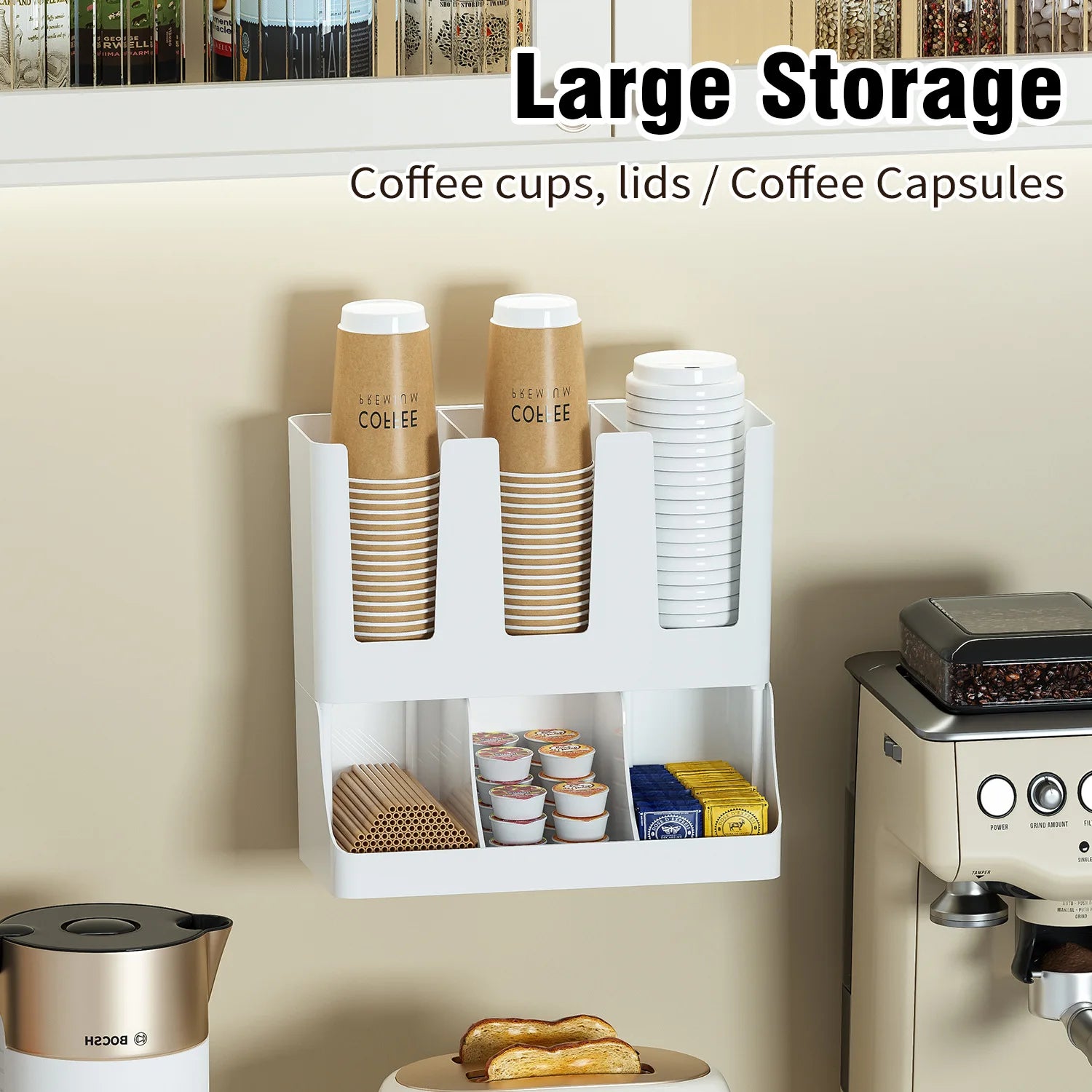 Wall-Mounted Coffee Station Organizer – Mugs, Pods & Condiment Storage