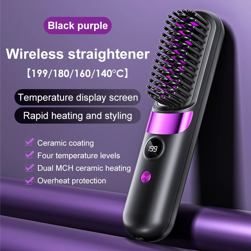 Cordless Hair Straightener Brush – 10 Heat Levels, LED Display & USB Rechargeable