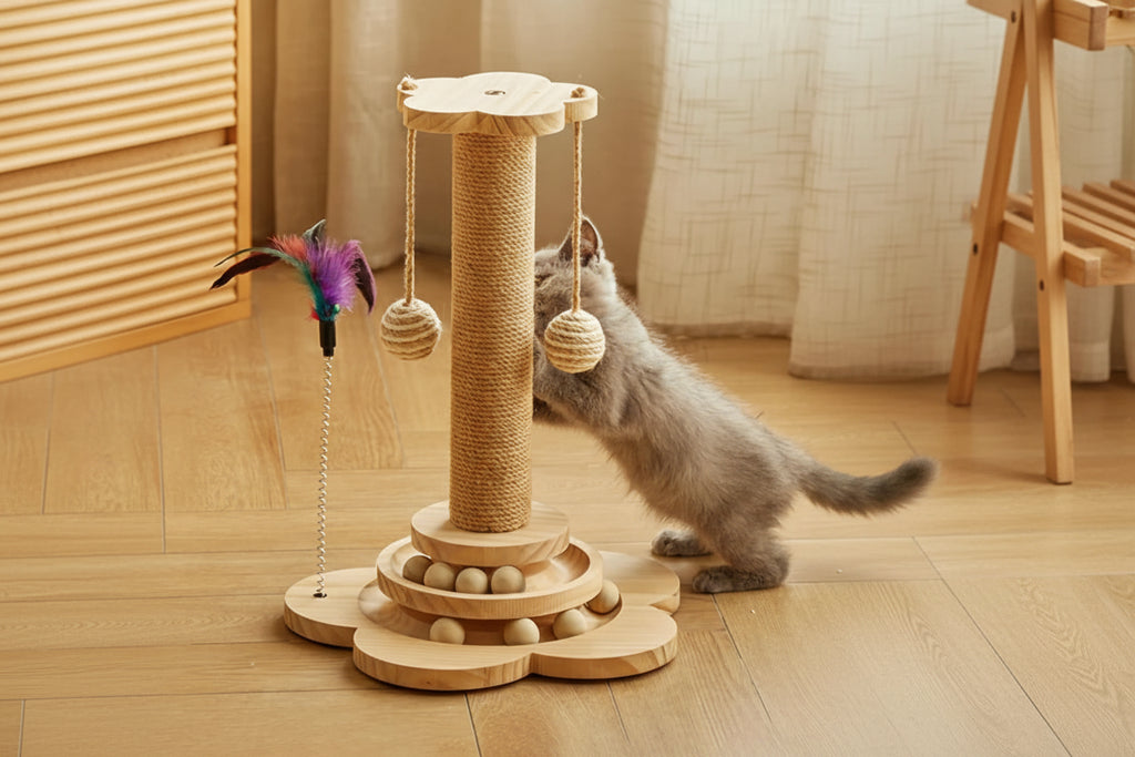 4-in-1 Wooden Cat Scratching Post – 46cm Tower with Tracking Ball & Interactive Toys