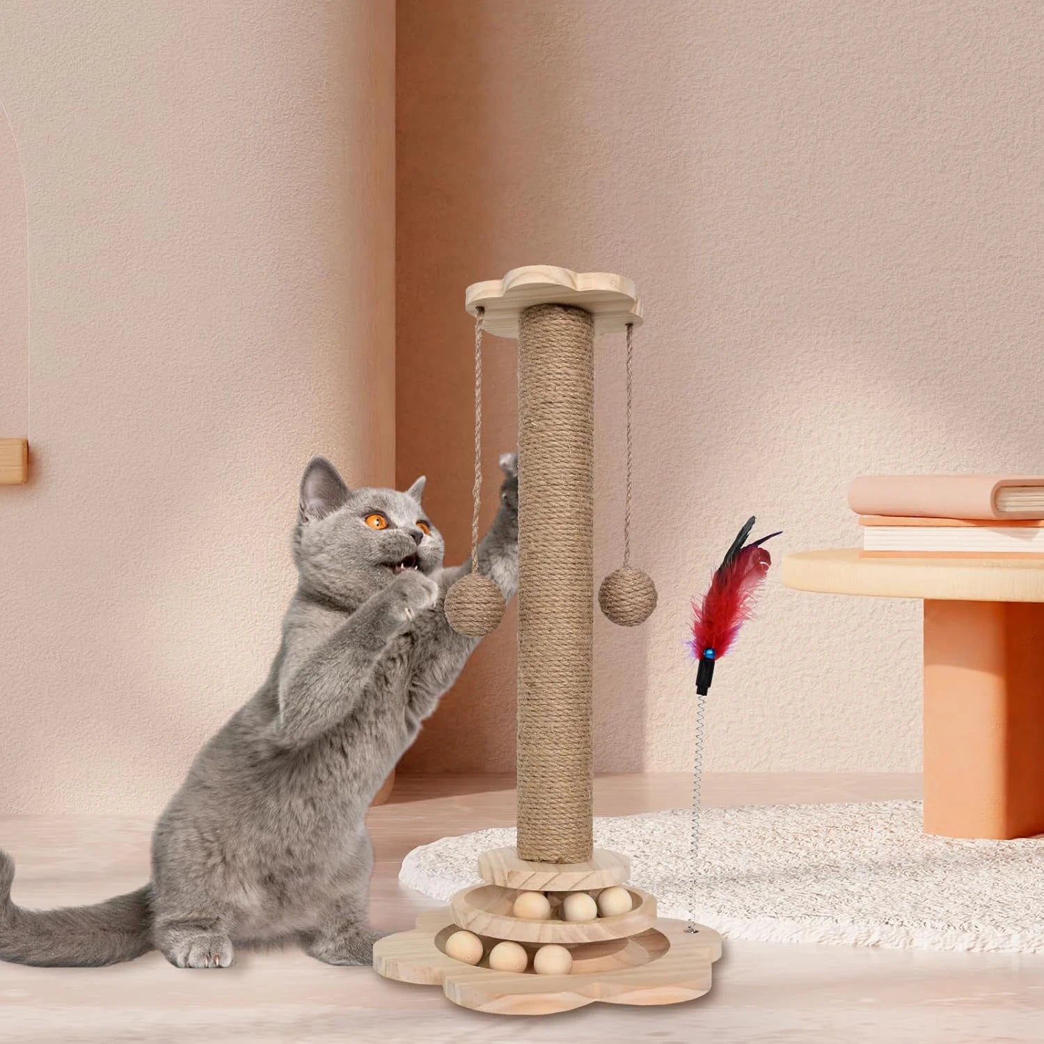4-in-1 Wooden Cat Scratching Post – 46cm Tower with Tracking Ball & Interactive Toys