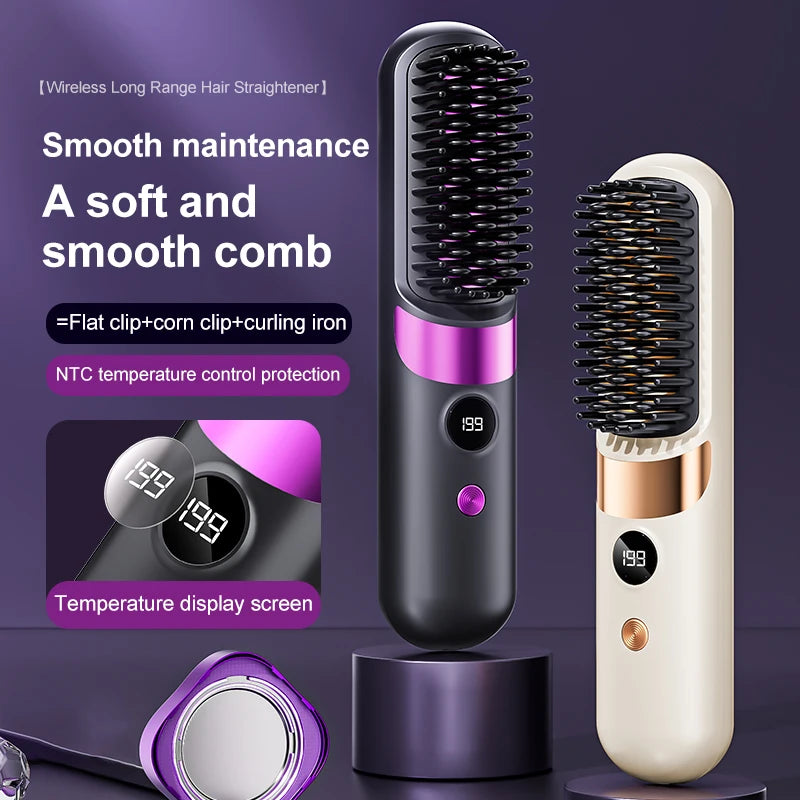 Cordless Hair Straightener Brush – 10 Heat Levels, LED Display & USB Rechargeable