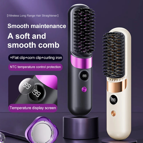Cordless Hair Straightener Brush – 10 Heat Levels, LED Display & USB Rechargeable