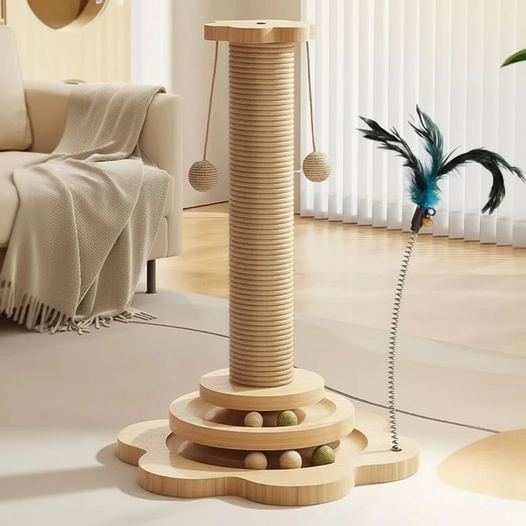 4-in-1 Wooden Cat Scratching Post – 46cm Tower with Tracking Ball & Interactive Toys