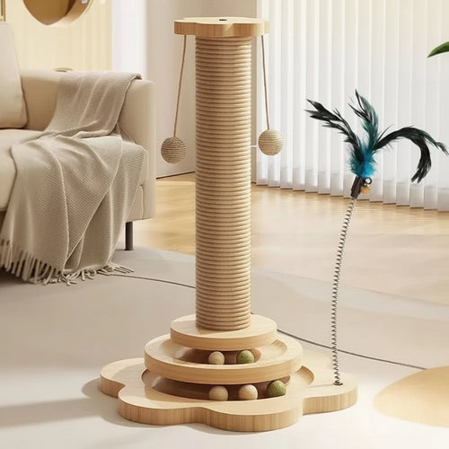 4-in-1 Wooden Cat Scratching Post – 46cm Tower with Tracking Ball & Interactive Toys