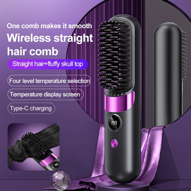 Cordless Hair Straightener Brush – 10 Heat Levels, LED Display & USB Rechargeable