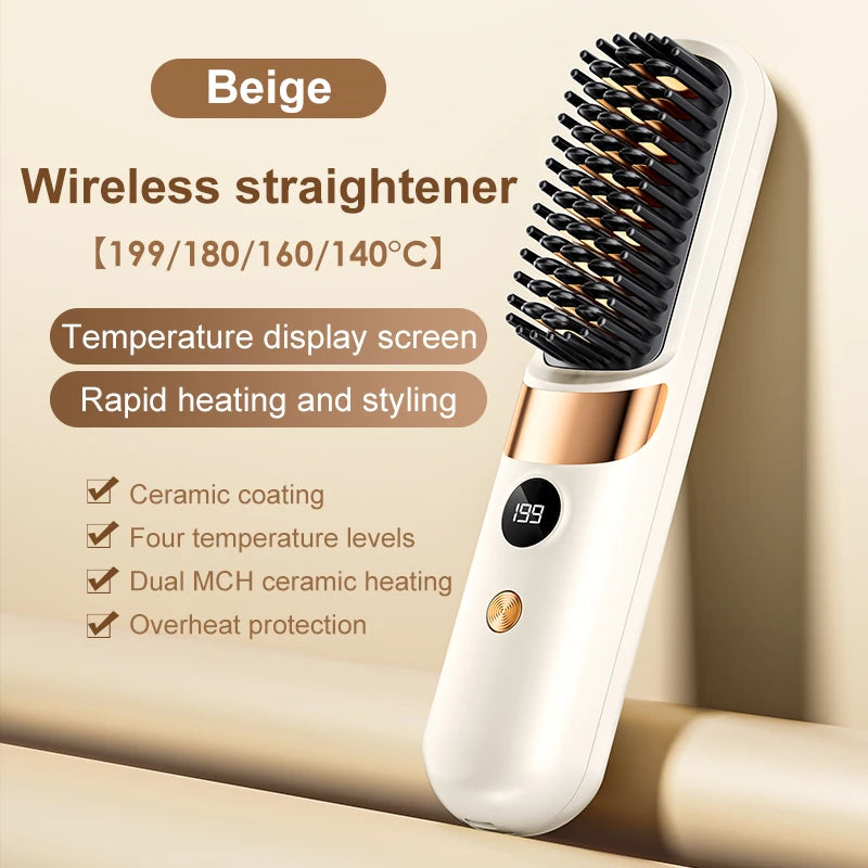 Cordless Hair Straightener Brush – 10 Heat Levels, LED Display & USB Rechargeable
