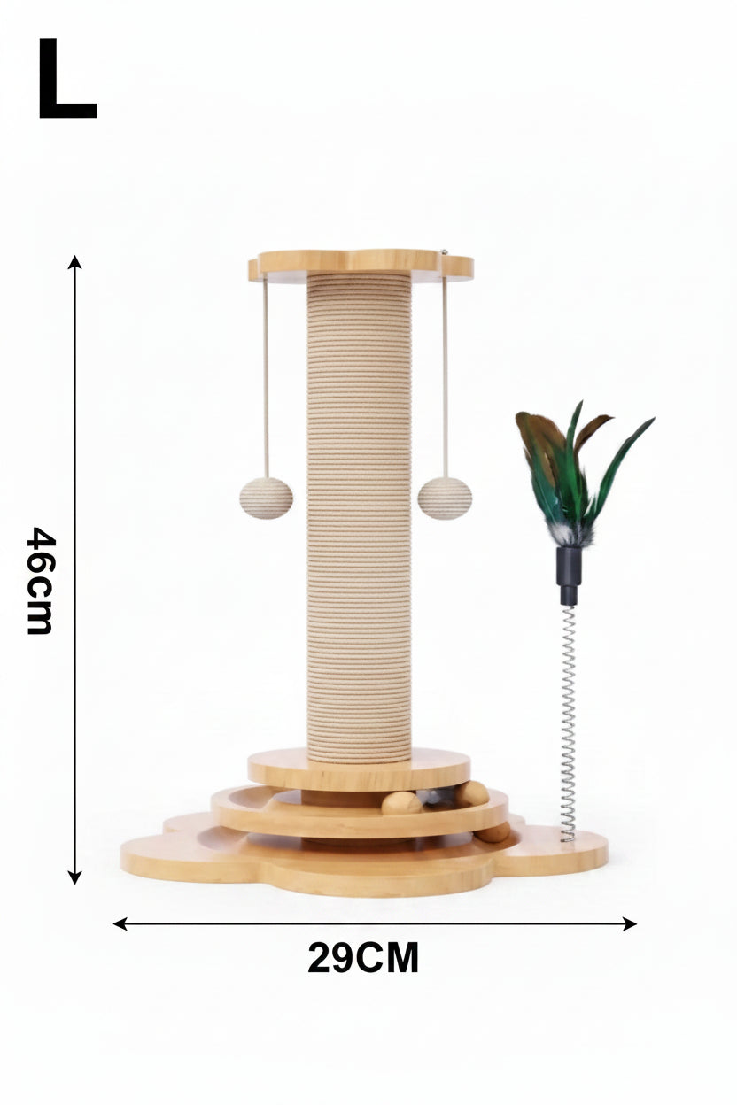 4-in-1 Wooden Cat Scratching Post – 46cm Tower with Tracking Ball & Interactive Toys