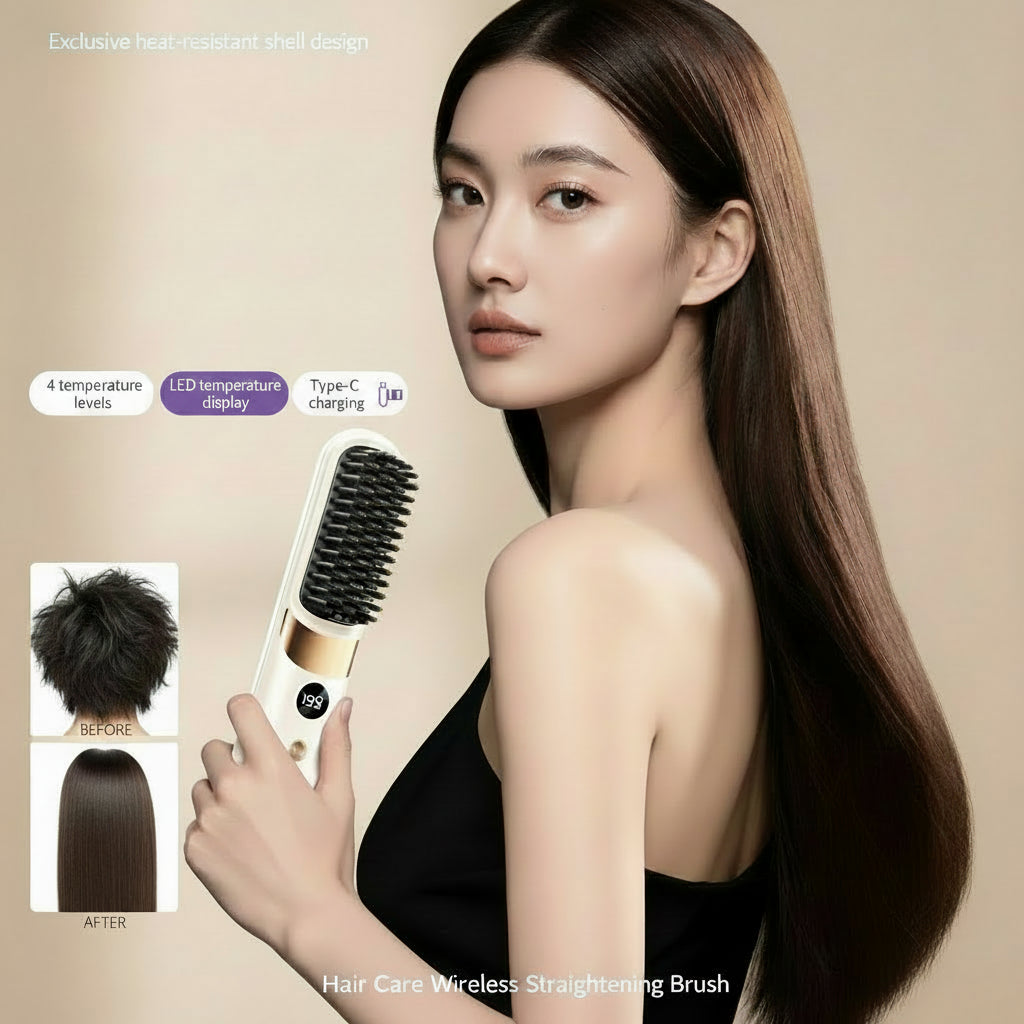 Cordless Hair Straightener Brush – 10 Heat Levels, LED Display & USB Rechargeable