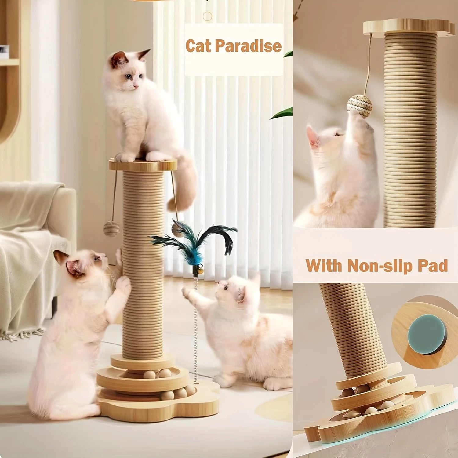 4-in-1 Wooden Cat Scratching Post – 46cm Tower with Tracking Ball & Interactive Toys