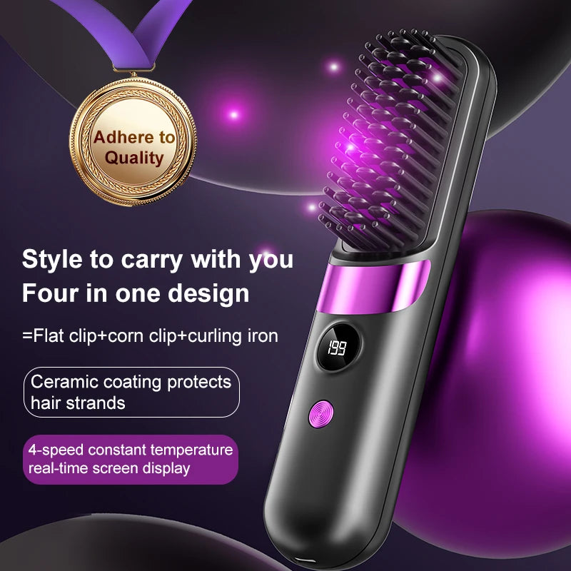 Cordless Hair Straightener Brush – 10 Heat Levels, LED Display & USB Rechargeable